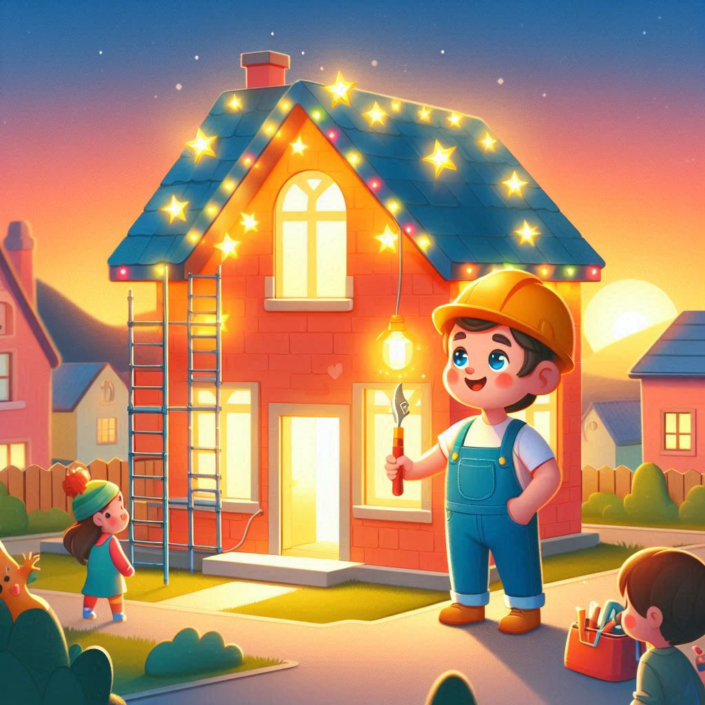 A friendly construction worker named Lucas building a glowing house at sunset. The house has colorful walls and small star-like lamps. Children from the neighborhood are amazed, calling it a.png